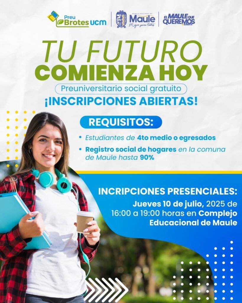 Afiche oficial del Preuniversitario Social gratuito de Maule, Preu Brotes UCM, con inscripciones abiertas en 2025.